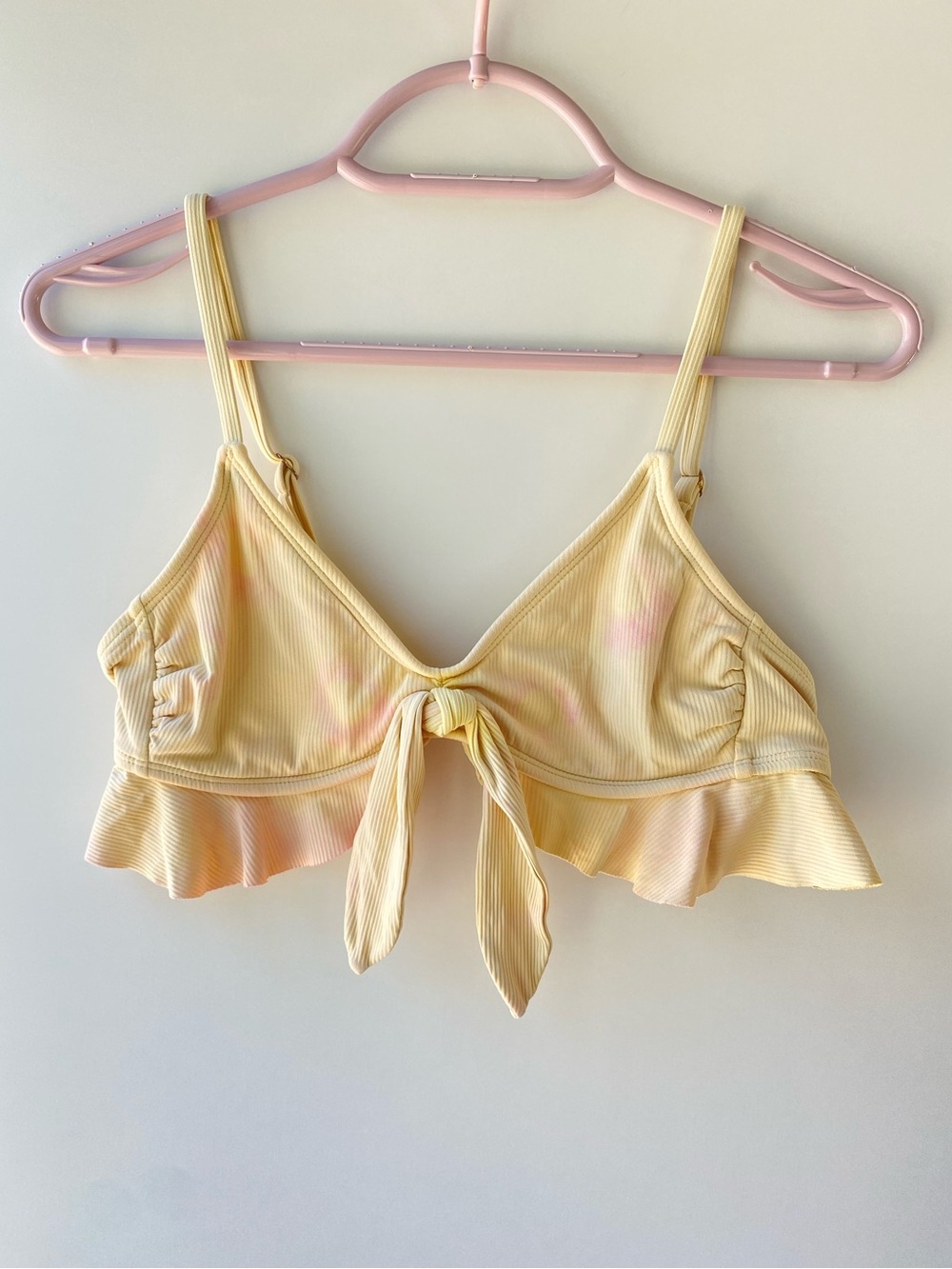 Tie-Front Ruffle Bikini Top Butter Yellow and Pink Tie-Dye